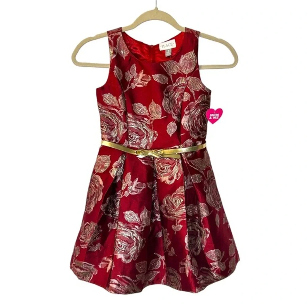 The Children's Place Party Dress Gold Floral Metallic Red Size 8
